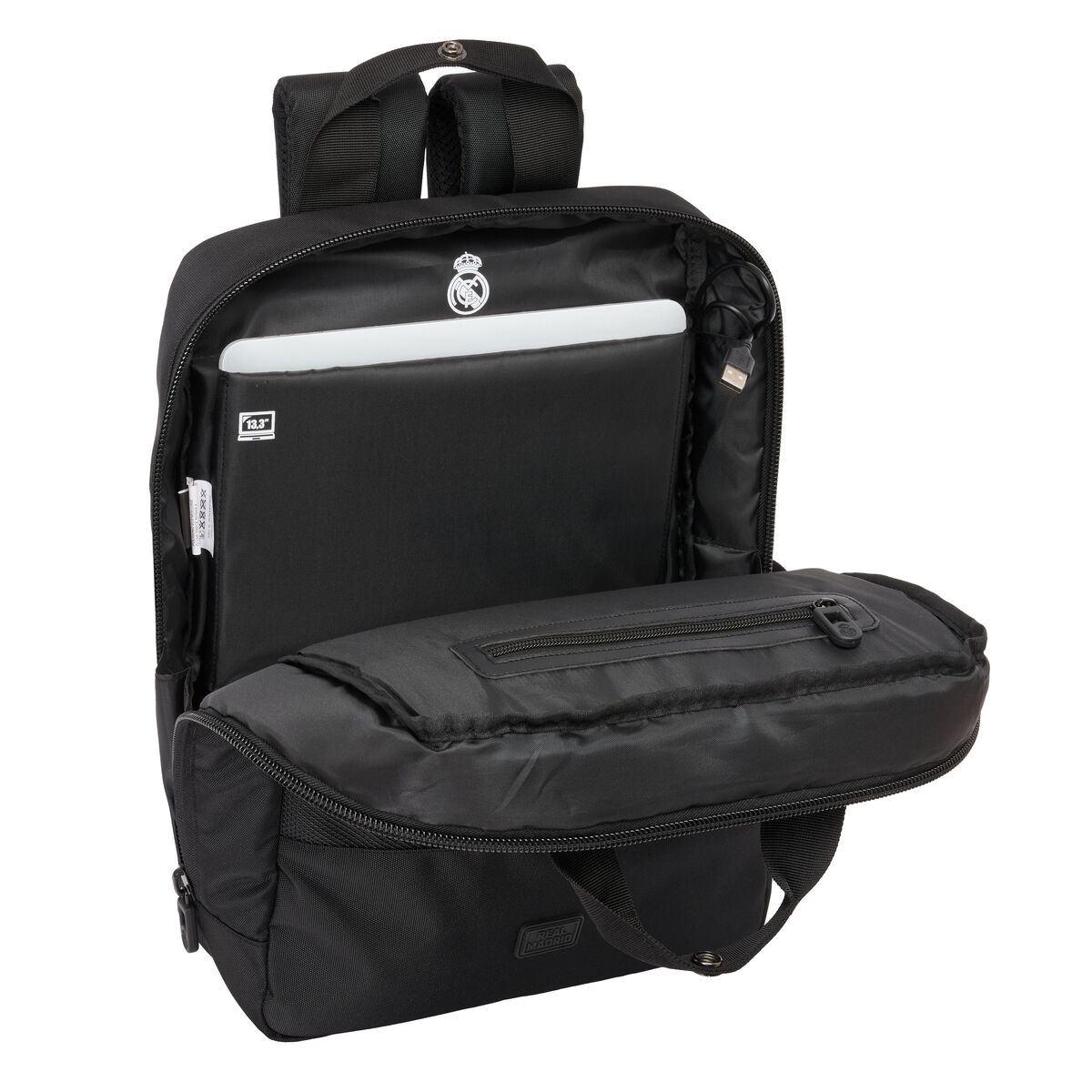 Mochila para Portátil Real Madrid C.F. Premium Negro 29 x 39 x 11 cm 13,3"