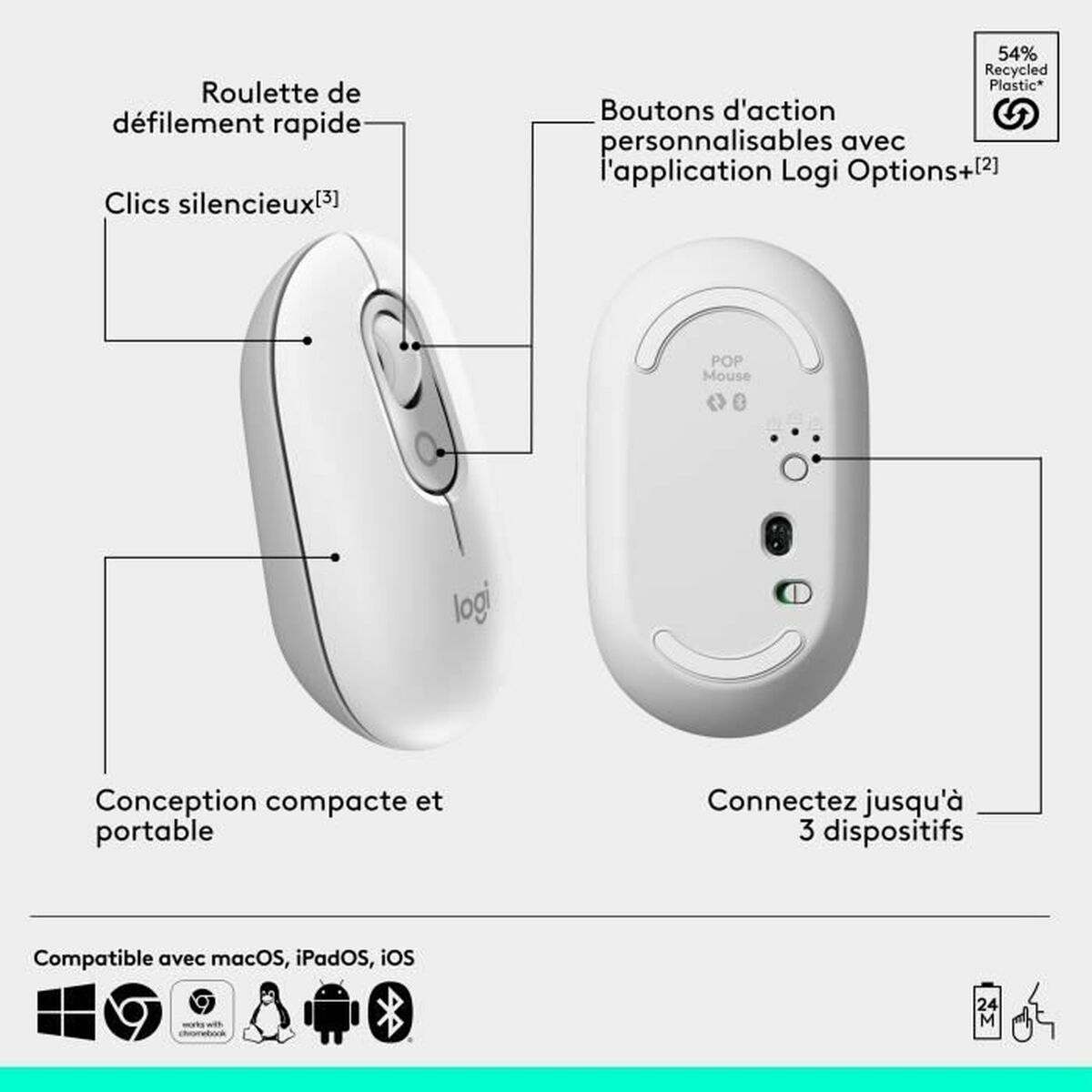 Ratón Bluetooth Inalámbrico Logitech Pop Blanco