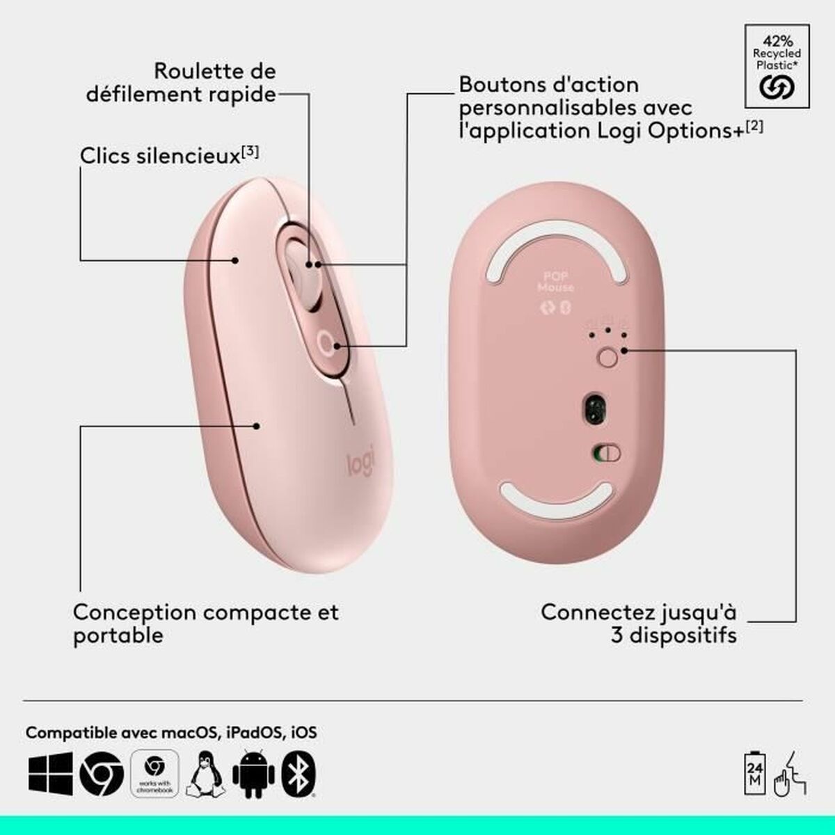 Ratón Bluetooth Inalámbrico Logitech Pop Rosa