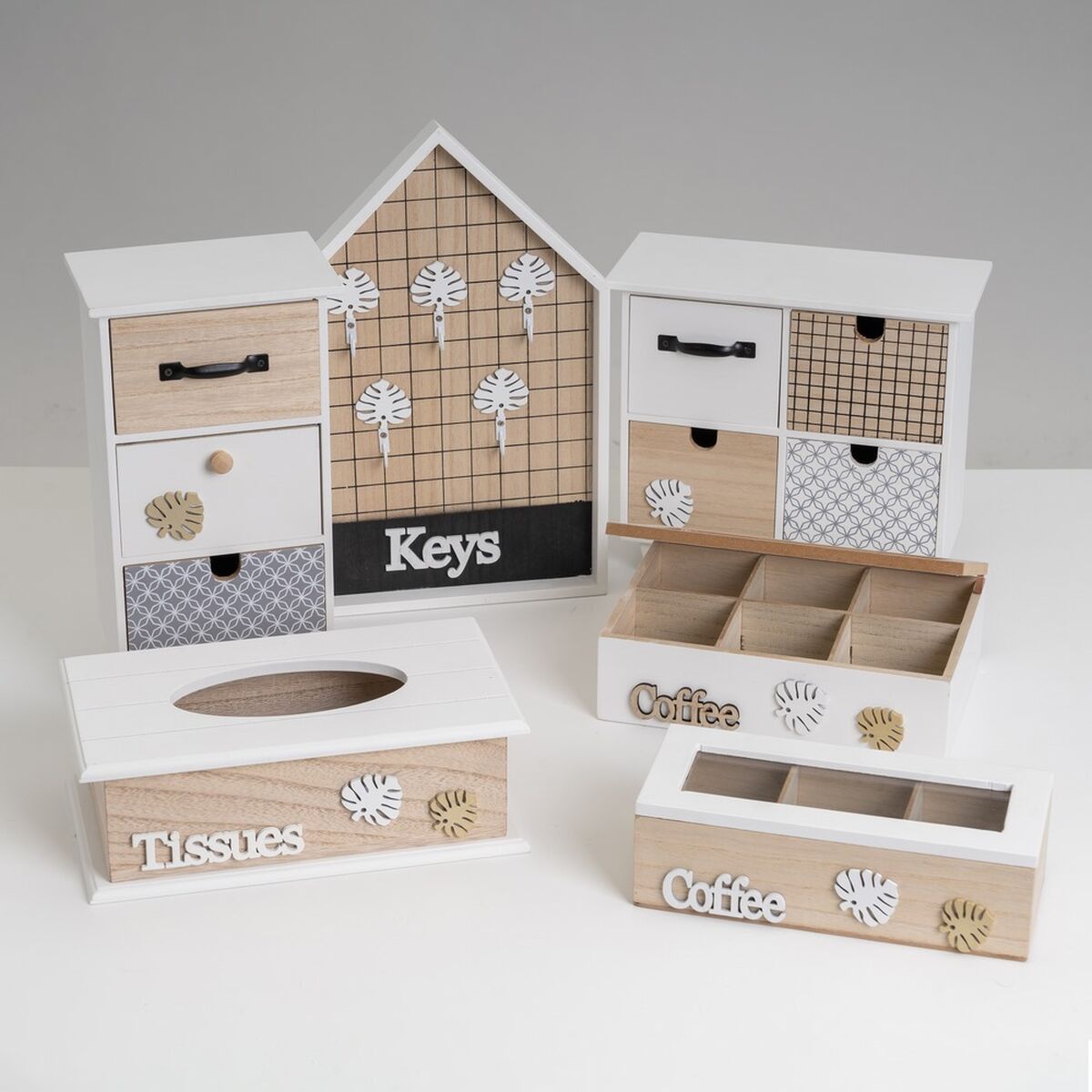 Caja-Joyero LEAVES Blanco Gris Natural Madera MDF 26 x 11 x 24 cm