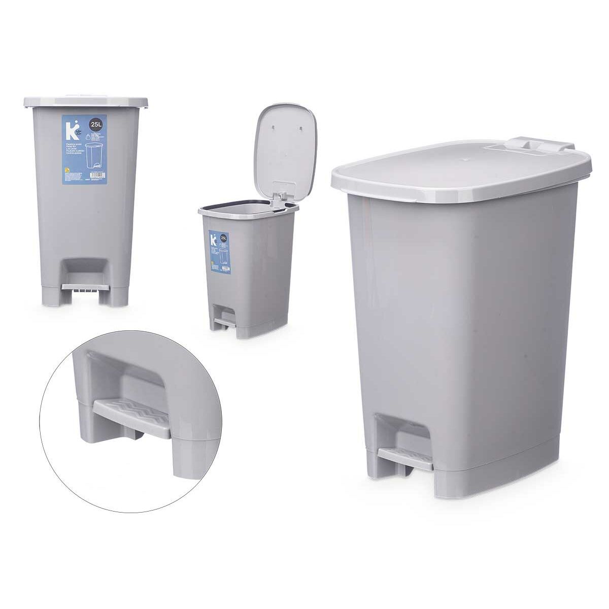 Papelera con Pedal Gris Plástico 25 L (6 Unidades)