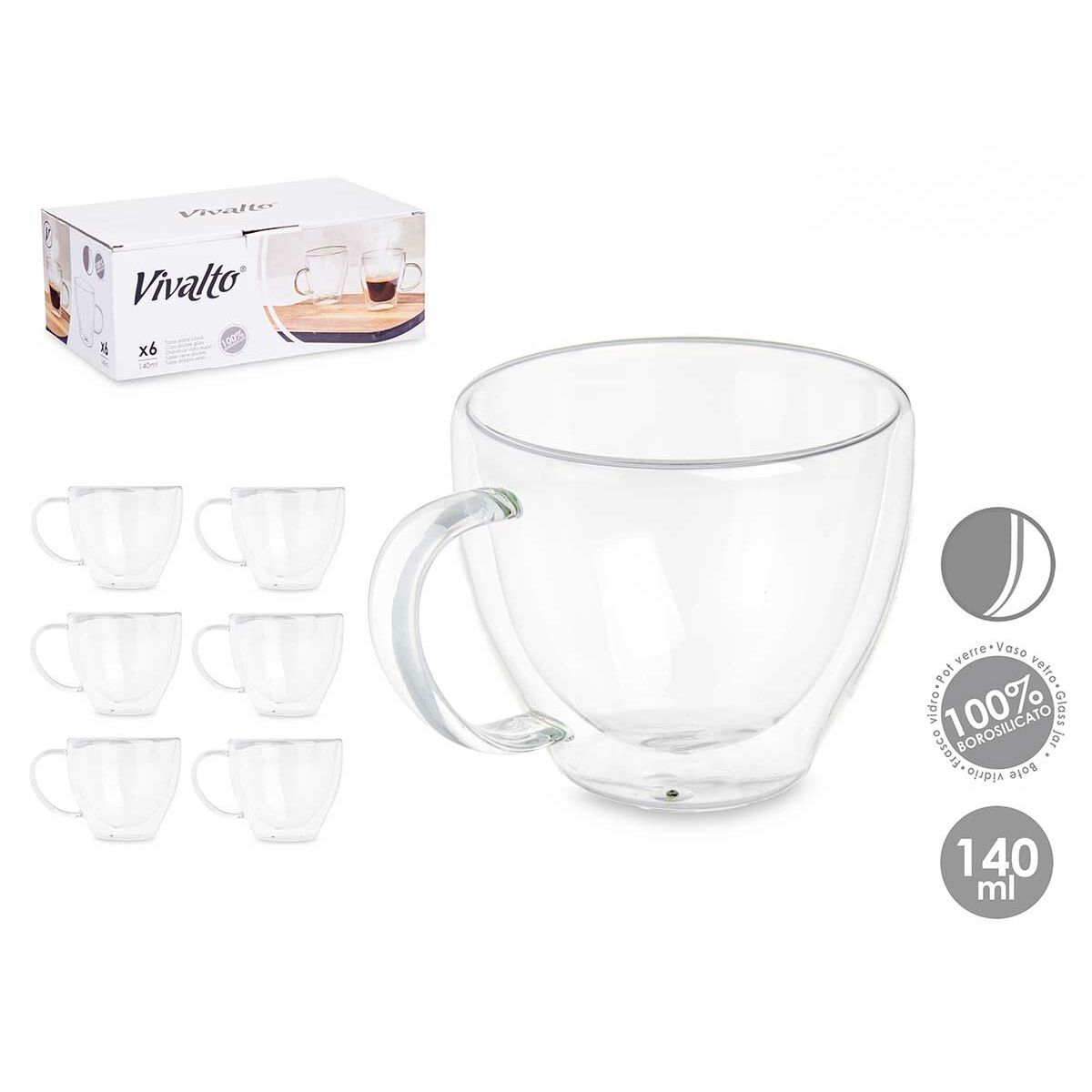Taza de café y té Vivalto Transparente Vidrio de Borosilicato 140 ml (6 Unidades)