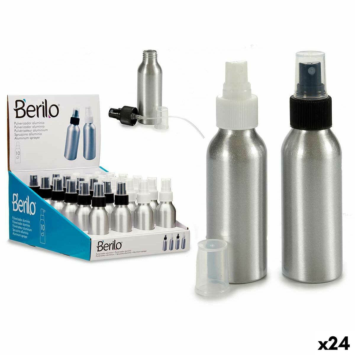 Botella Pulverizadora Berilo Blanco Negro Transparente Plateado Aluminio Polipropileno 100 ml (24 Unidades)