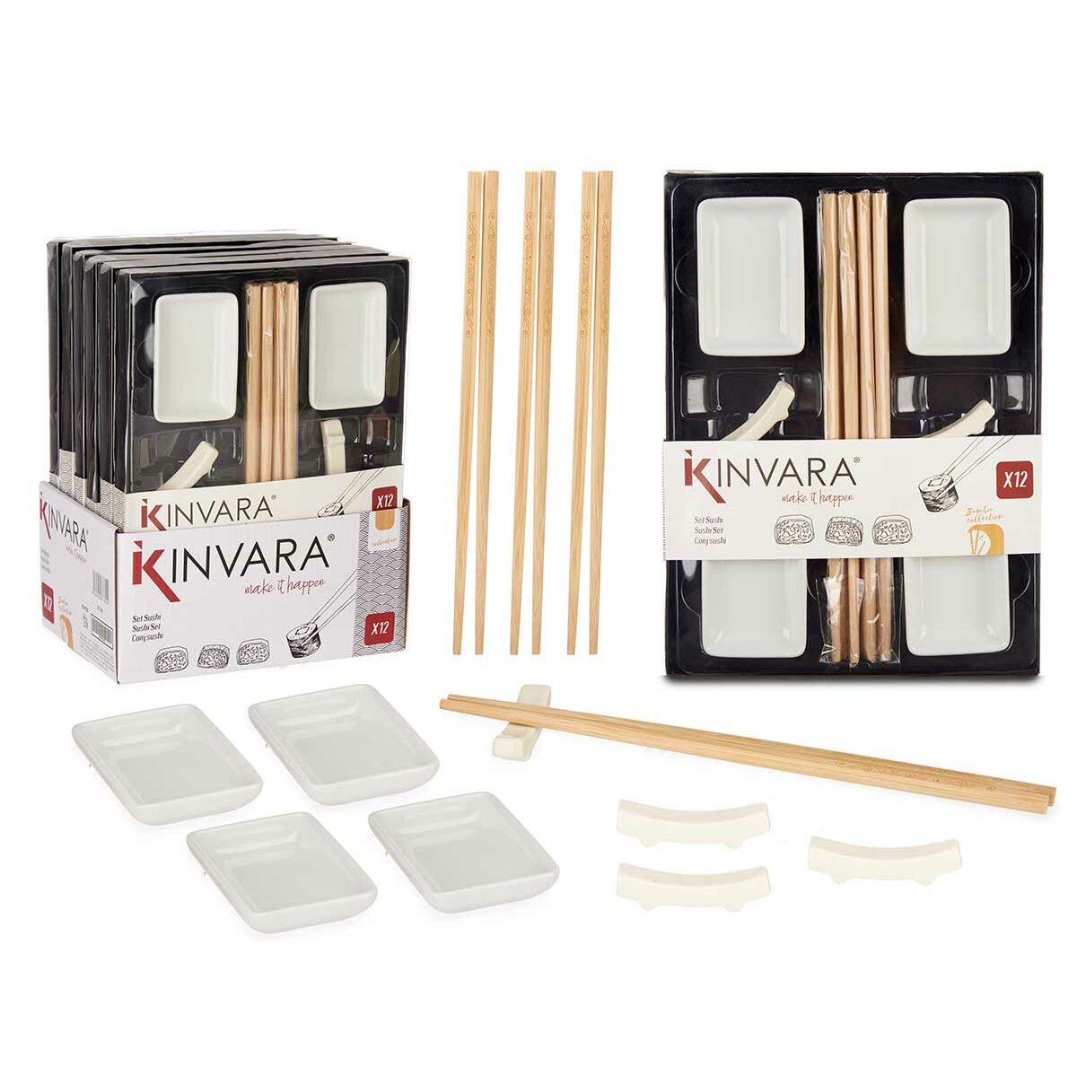 Set de Sushi Kinvara Blanco Bambú Porcelana 27,5 x 2,5 x 20,5 cm 19,5 x 2,5 x 26,5 cm (12 Piezas) (6 Unidades)