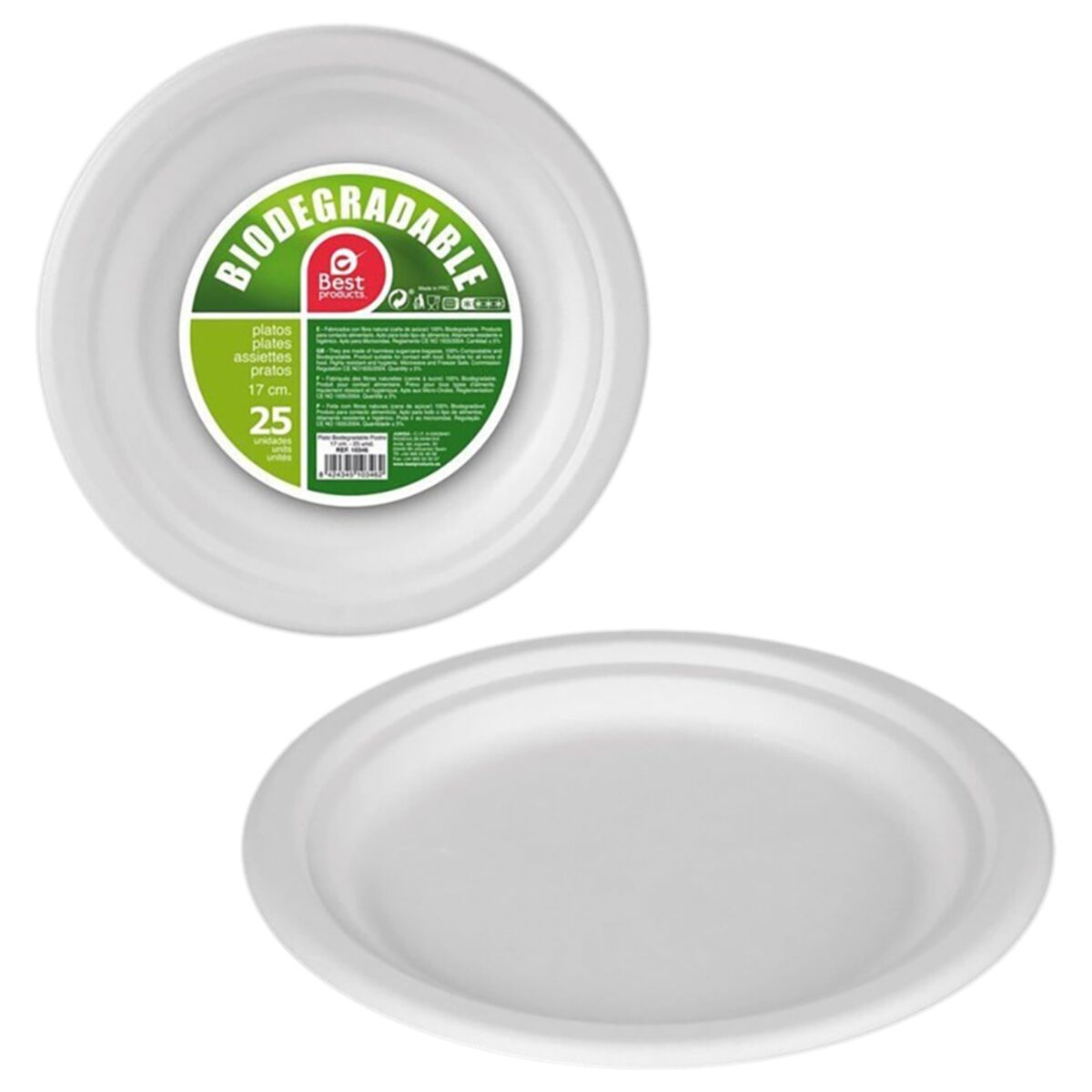 Set de Platos Best Products Green Caña de Azúcar Ø 17 cm Blanco Biodegradable Desechables 25 Unidades