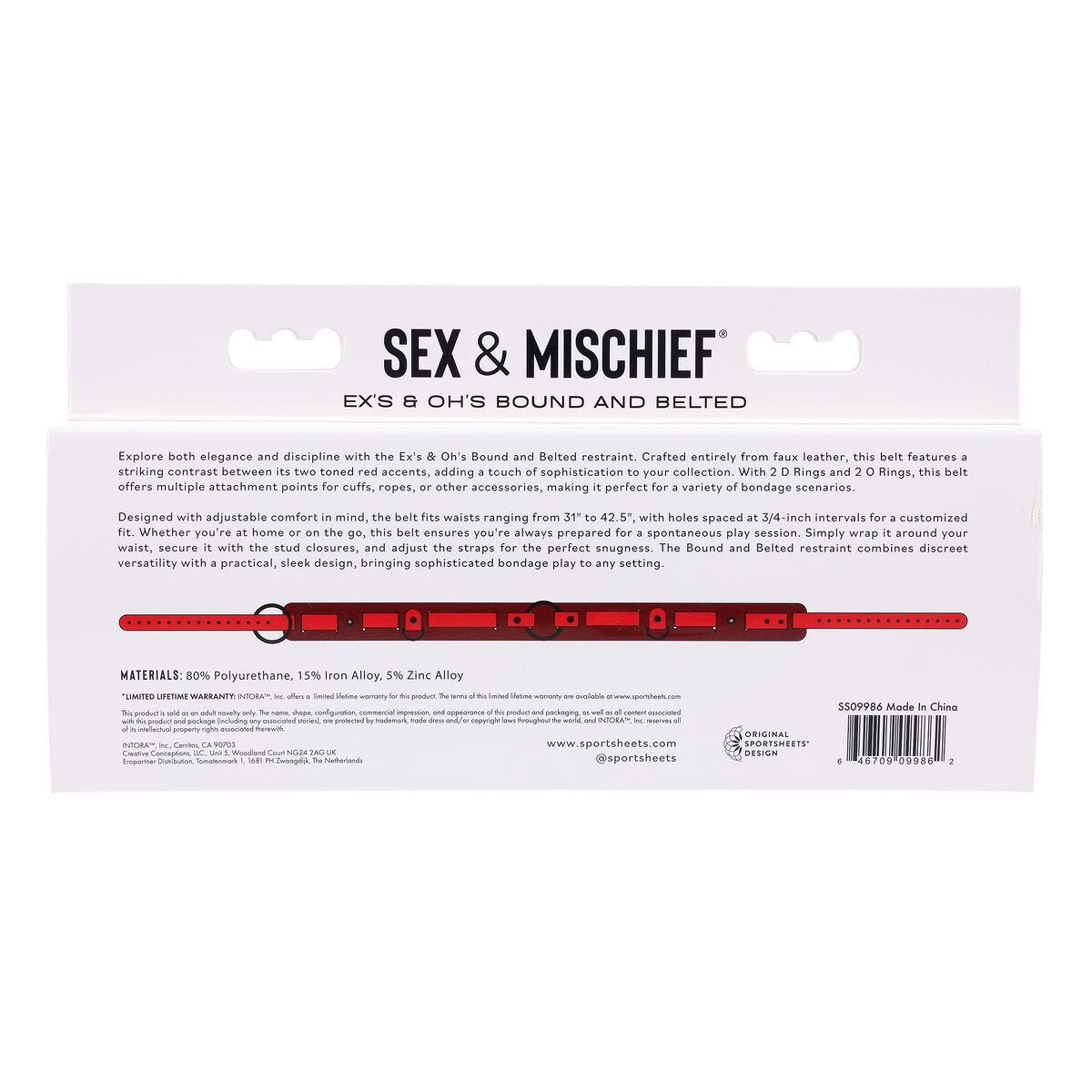 Cinturón ajustable Sportsheets Sex and Mischief Rojo
