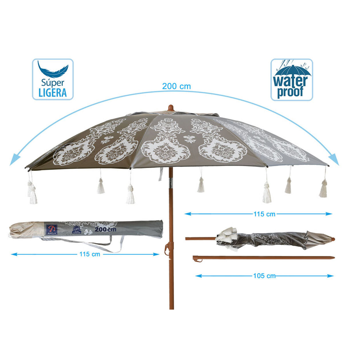 Sombrilla de playa Gris Ø 200 cm SPF50+ Boho