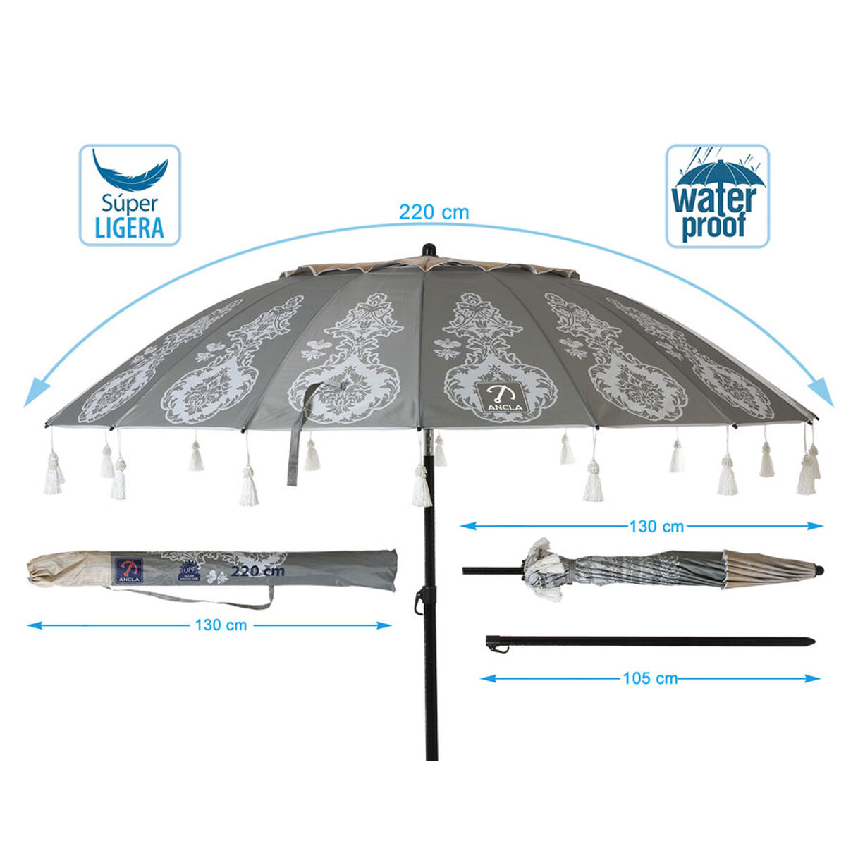 Sombrilla de playa Gris Ø 220 cm SPF50+ Boho