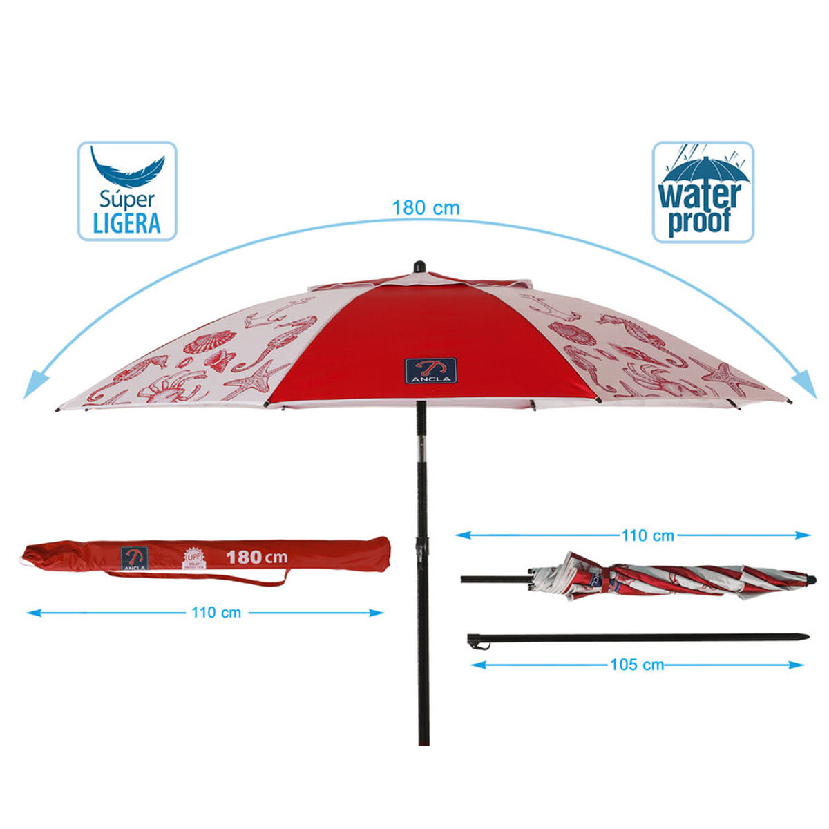 Sombrilla de playa Rojo Ø 180 cm SPF50+ Marino