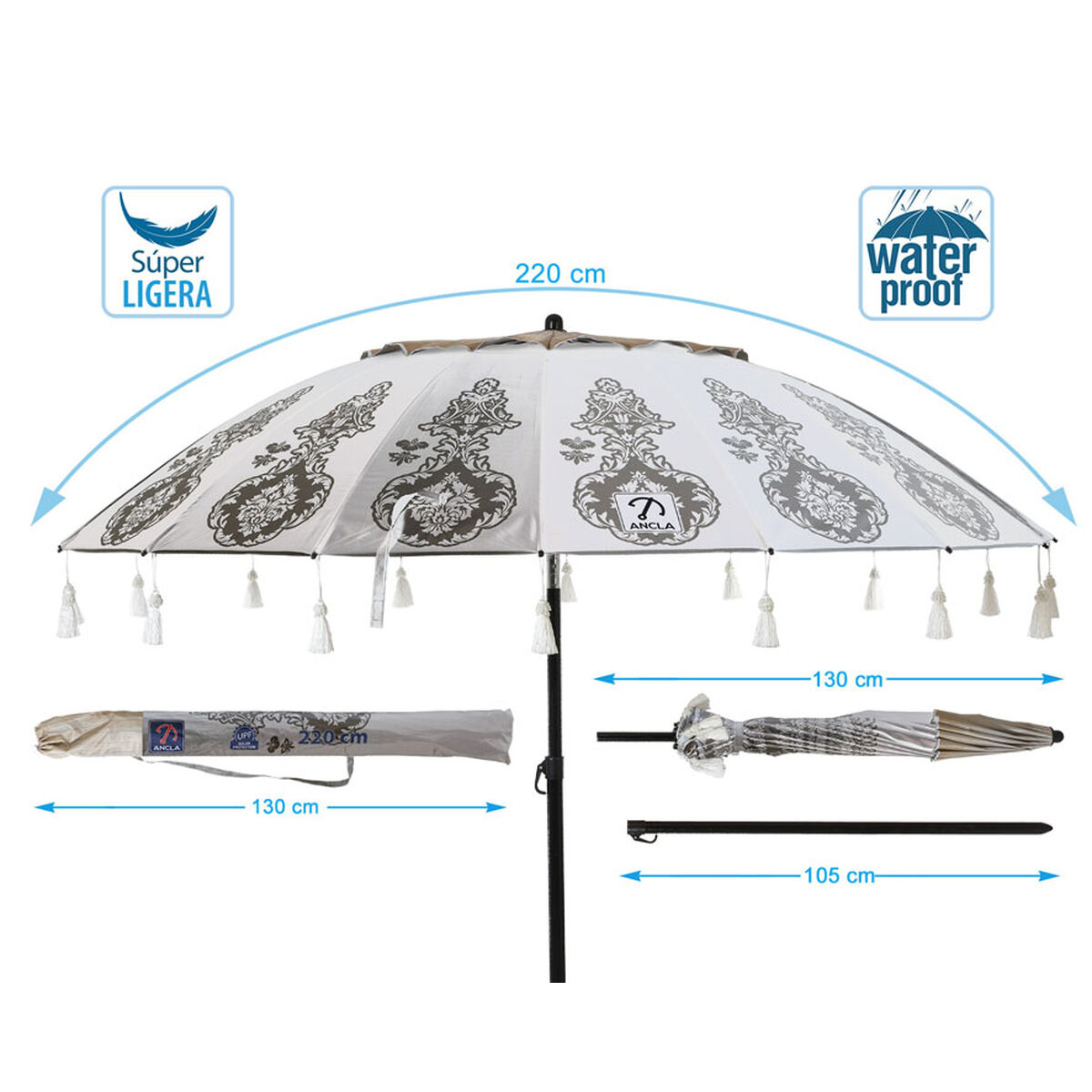 Sombrilla de playa Blanco Ø 220 cm SPF50+ Boho