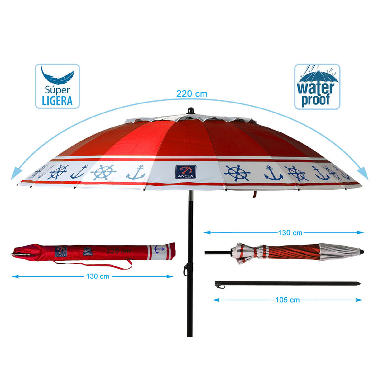 Sombrilla de playa Rojo Ø 220 cm SPF50+ Ancla