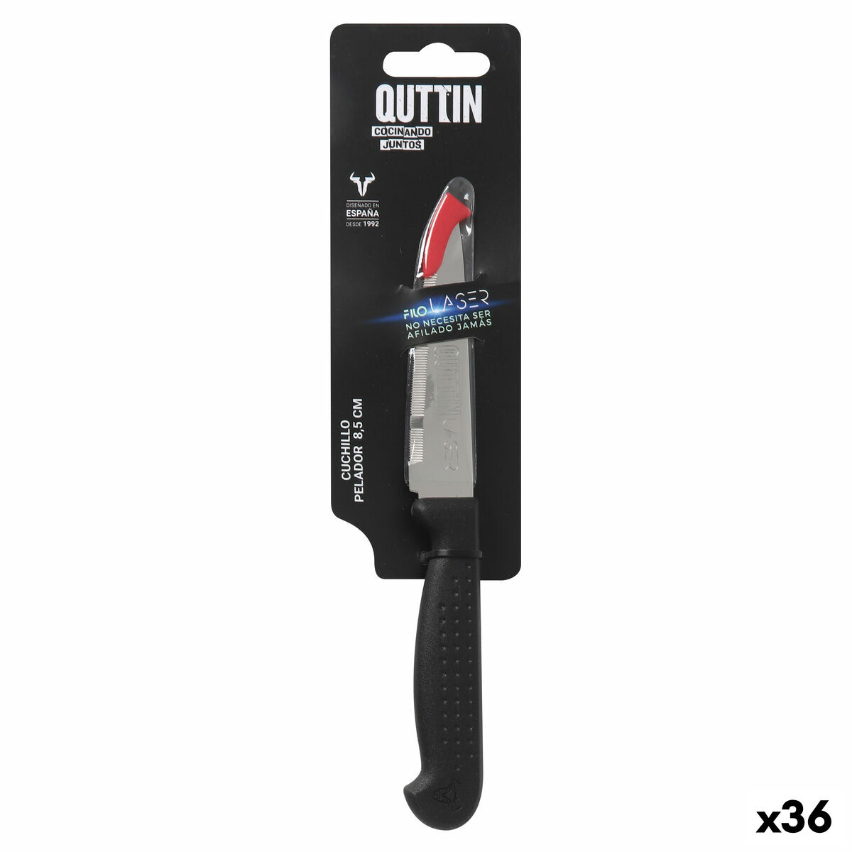 Cuchillo Pelador Quttin Laser Negro Plateado Acero Inoxidable 8,5 cm (36 Unidades)