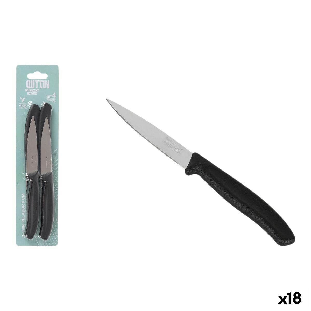 Set de Cuchillos Peladores Quttin Basic Negro Plateado Acero Inoxidable 9 cm 4 Piezas (18 Unidades)