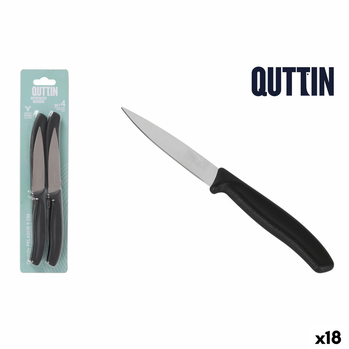 Set de Cuchillos Peladores Quttin Basic Negro Plateado Acero Inoxidable 9 cm 4 Piezas (18 Unidades)