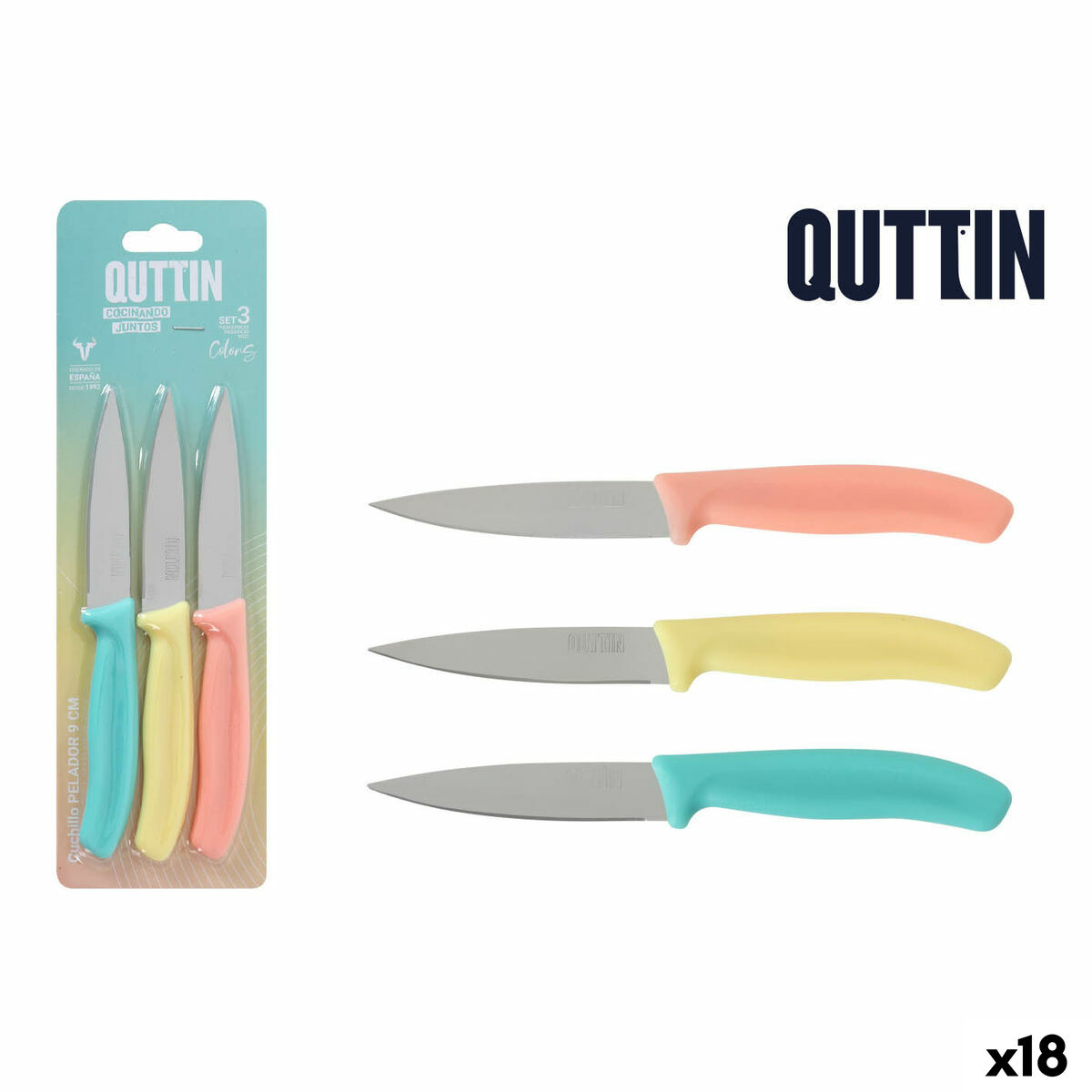 Set de Cuchillos Peladores Quttin Basic Multicolor Acero Inoxidable 9 cm 3 Piezas (18 Unidades)