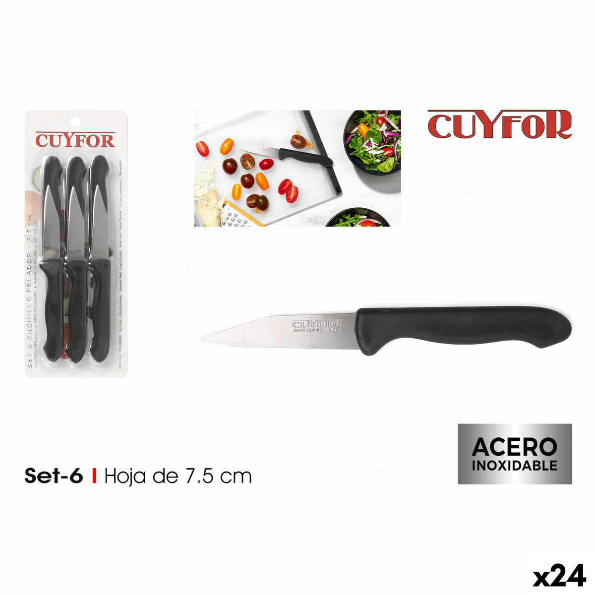 Set de Cuchillos Peladores Cuyfor Negro Plateado Acero Inoxidable 7,5 cm 6 Piezas (24 Unidades)