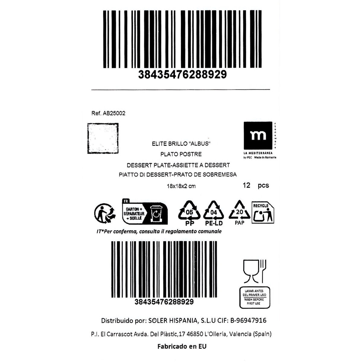 Plato de Postre La Mediterránea Albus 18 x 18 x 2 cm (12 Unidades)