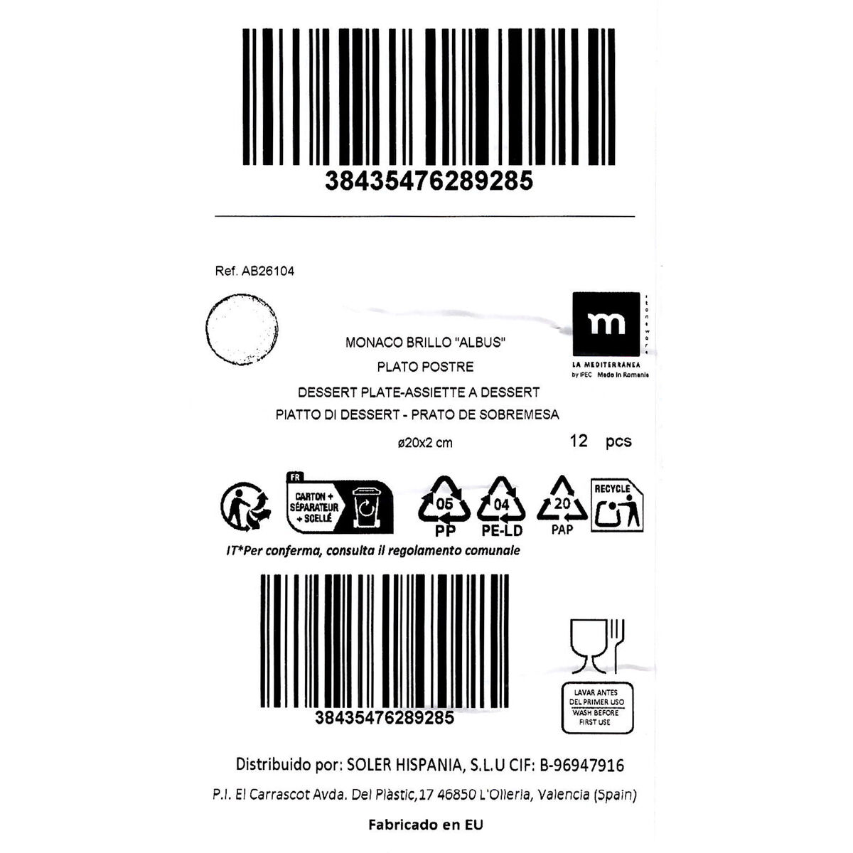 Plato de Postre La Mediterránea Albus Ø 20 cm (12 Unidades)
