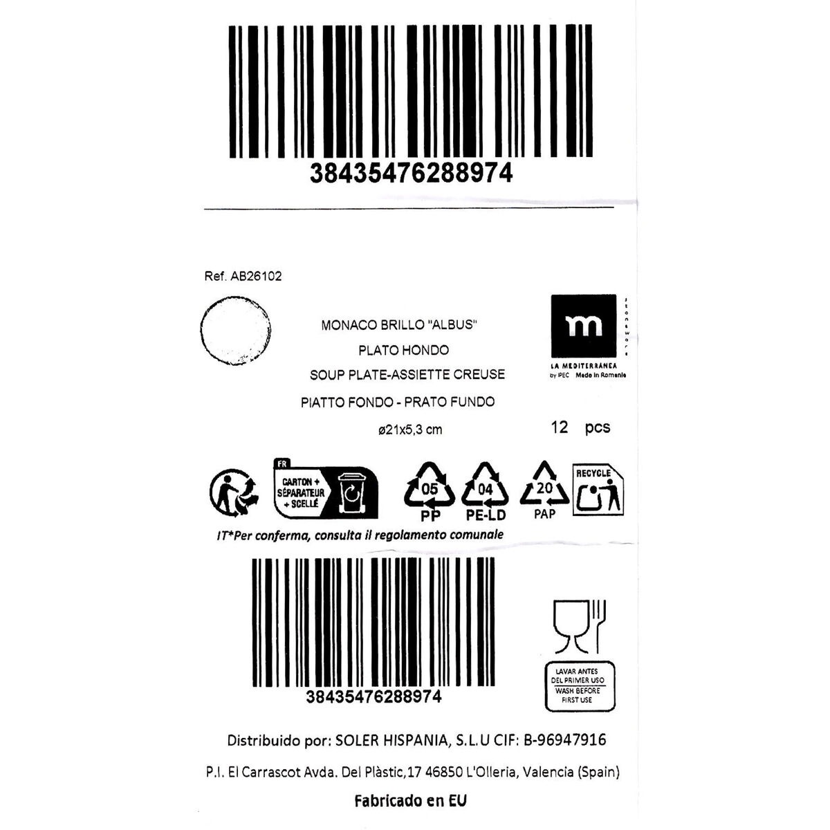 Plato Hondo La Mediterránea Albus Ø 21 cm (12 Unidades)