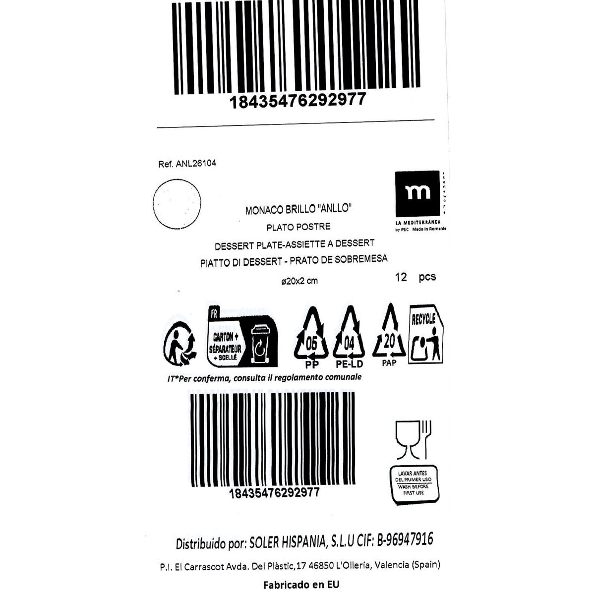 Plato de Postre La Mediterránea Anllo Ø 20 cm (12 Unidades)
