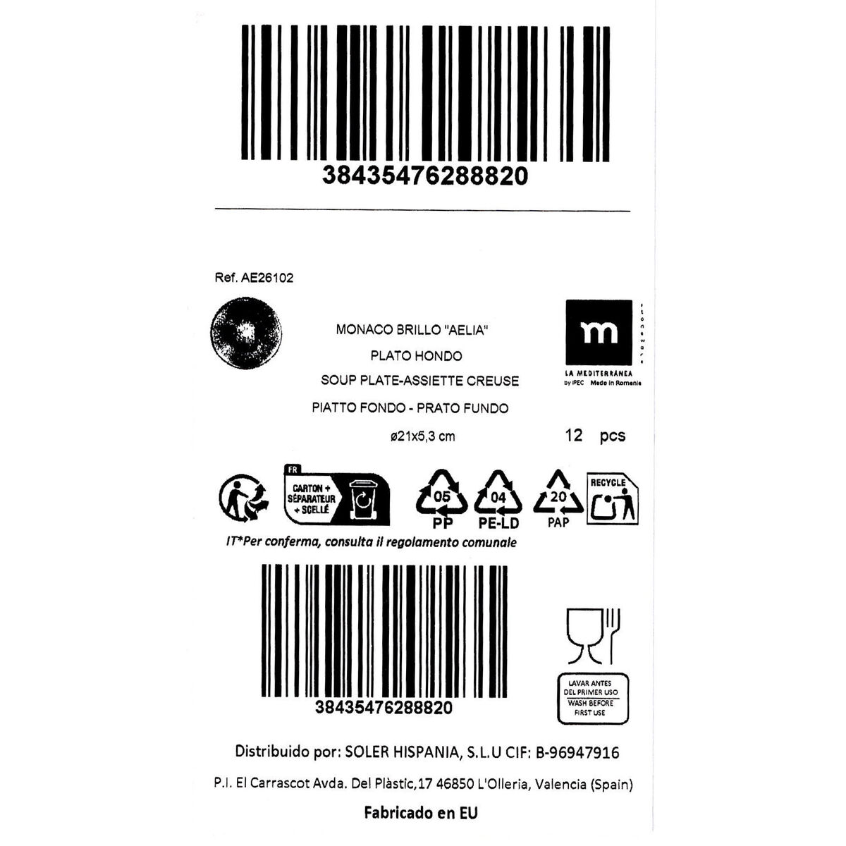 Plato Hondo La Mediterránea Aelia Ø 21 cm (12 Unidades)
