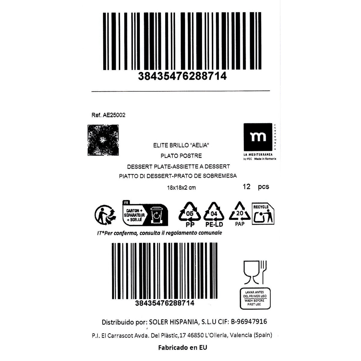 Plato de Postre La Mediterránea Aelia 18 x 18 x 2 cm (12 Unidades)