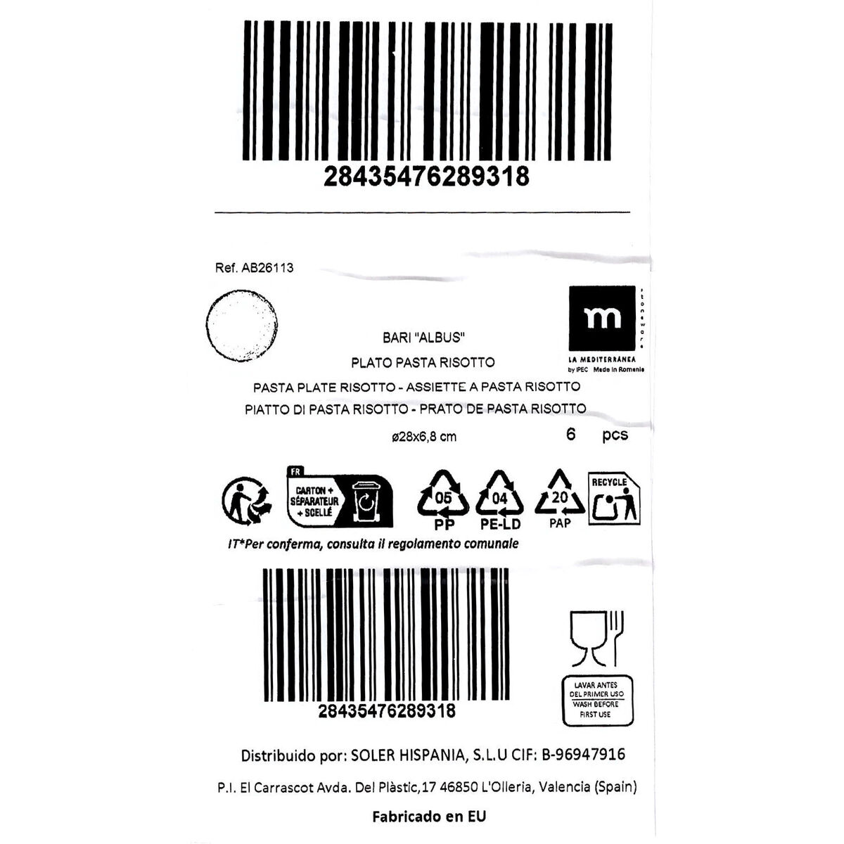 Plato para Pasta La Mediterránea Albus Ø 28 cm (6 Unidades)