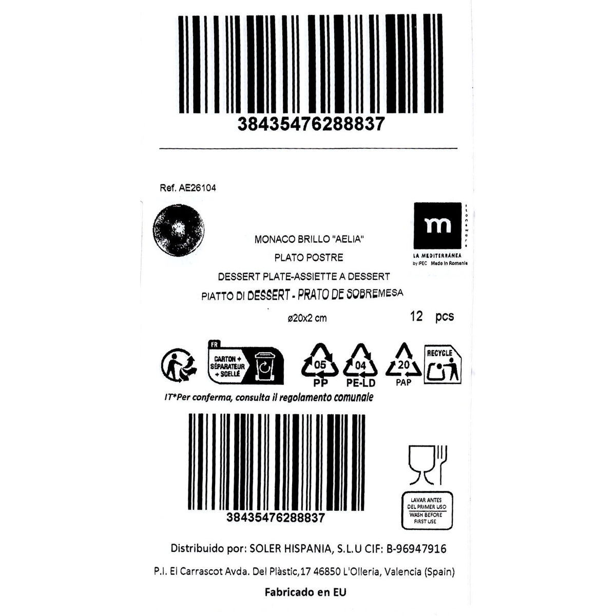 Plato de Postre La Mediterránea Aelia Ø 20 cm (12 Unidades)