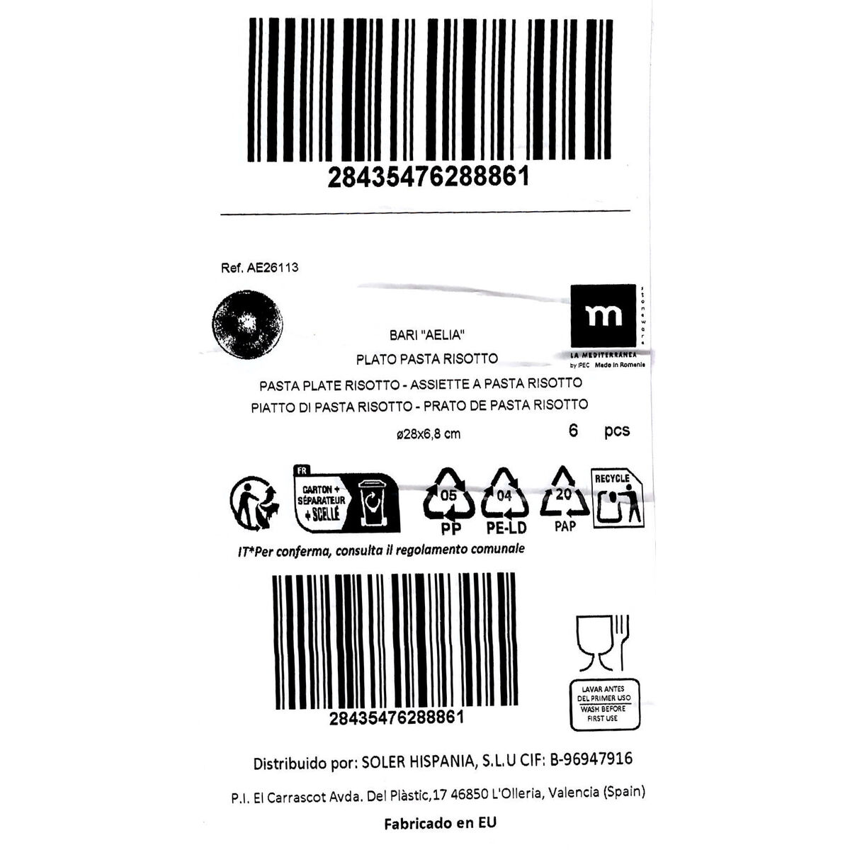 Plato para Pasta La Mediterránea Aelia Ø 28 cm (6 Unidades)