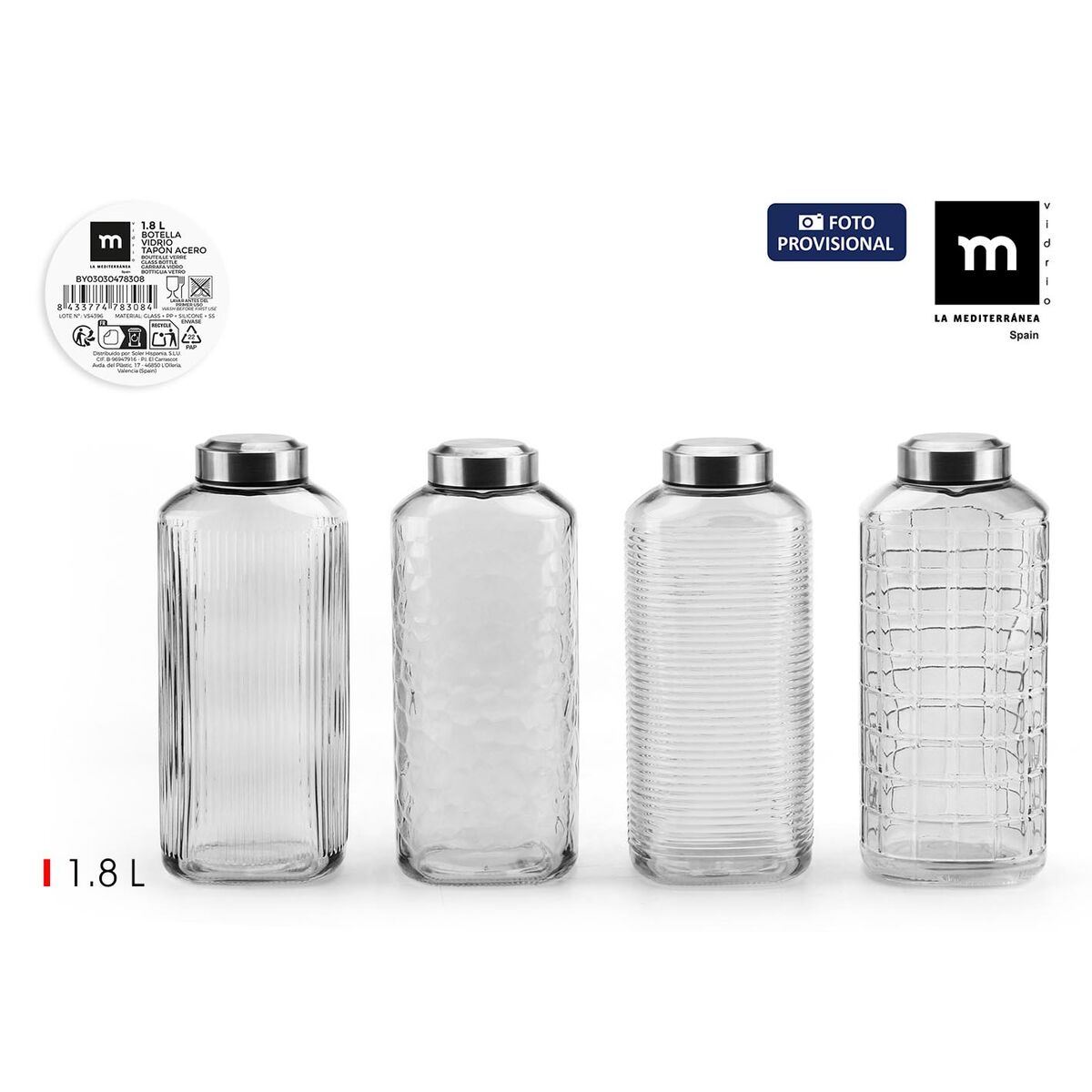 Botella de Cristal La Mediterránea Vidrio Acero 1,8 L (8 Unidades)