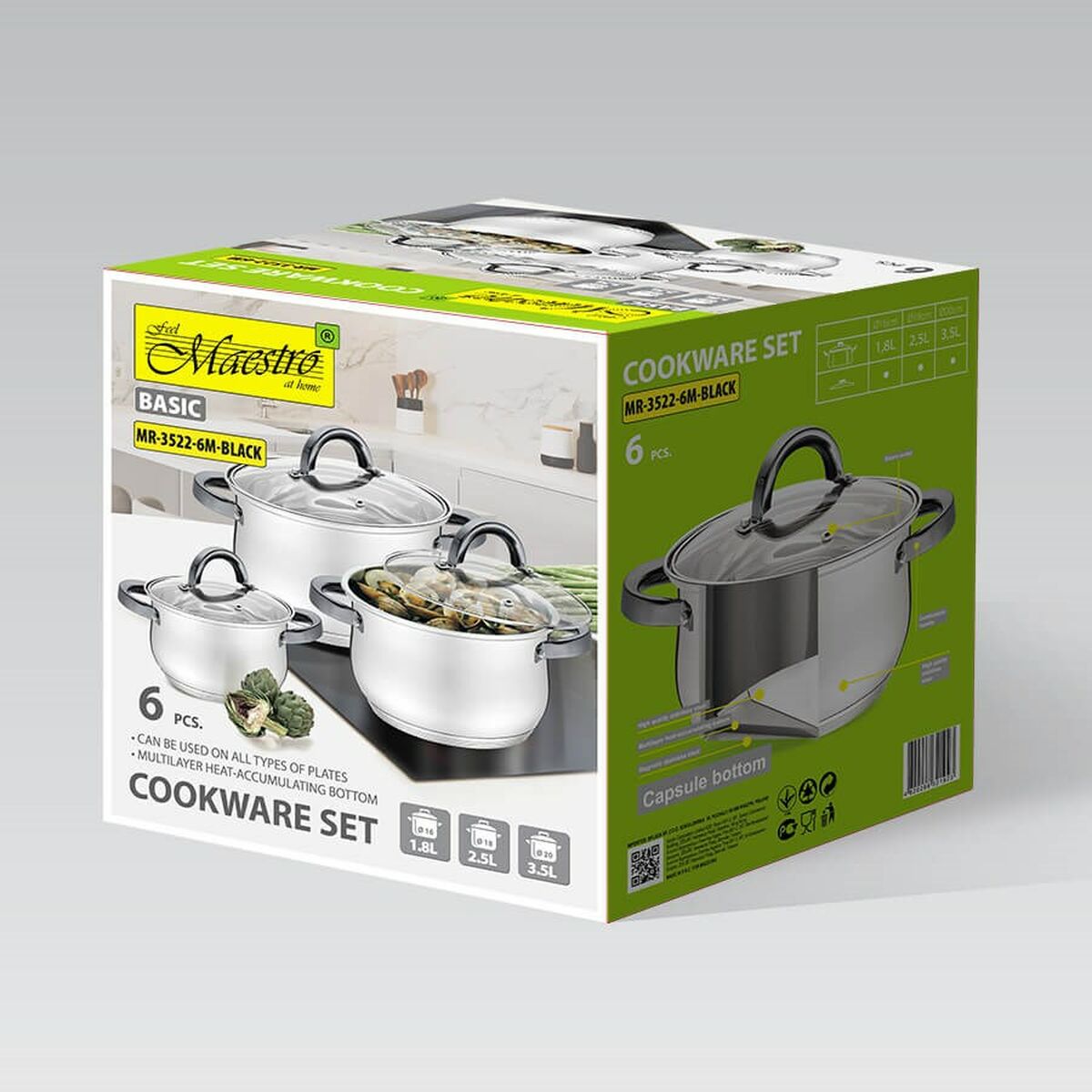 Olla con Tapa Feel Maestro MR-3522-6M-BLACK Plateado Acero Acero Inoxidable Ø 18 cm Ø 20 cm Ø 16 cm 2,5 L 1,8 L 3,5 L (6 Piezas)