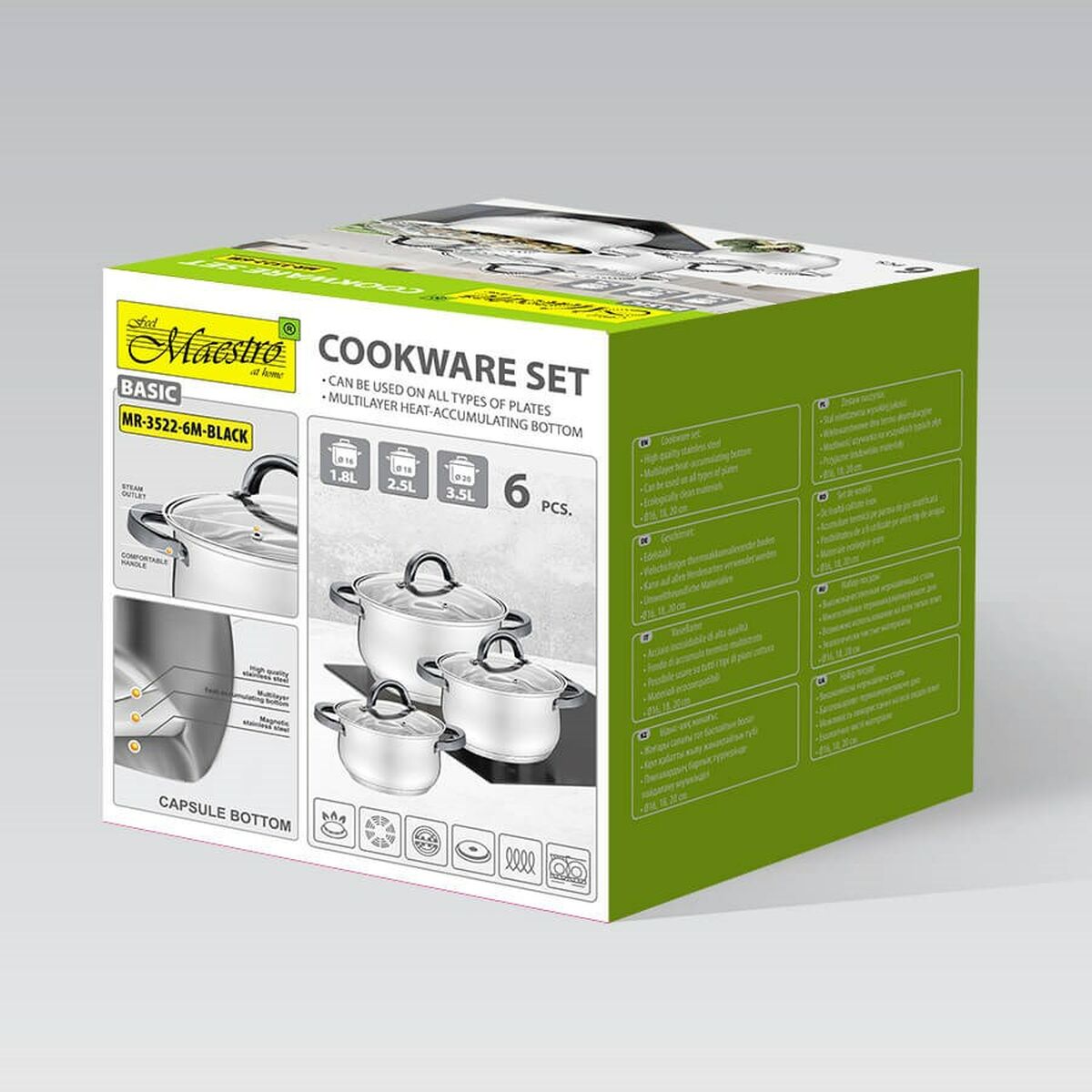 Olla con Tapa Feel Maestro MR-3522-6M-BLACK Plateado Acero Acero Inoxidable Ø 18 cm Ø 20 cm Ø 16 cm 2,5 L 1,8 L 3,5 L (6 Piezas)