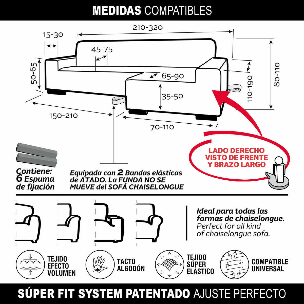 Funda para chaise longue de brazo largo derecho Sofaskins Beige (Reacondicionado B)