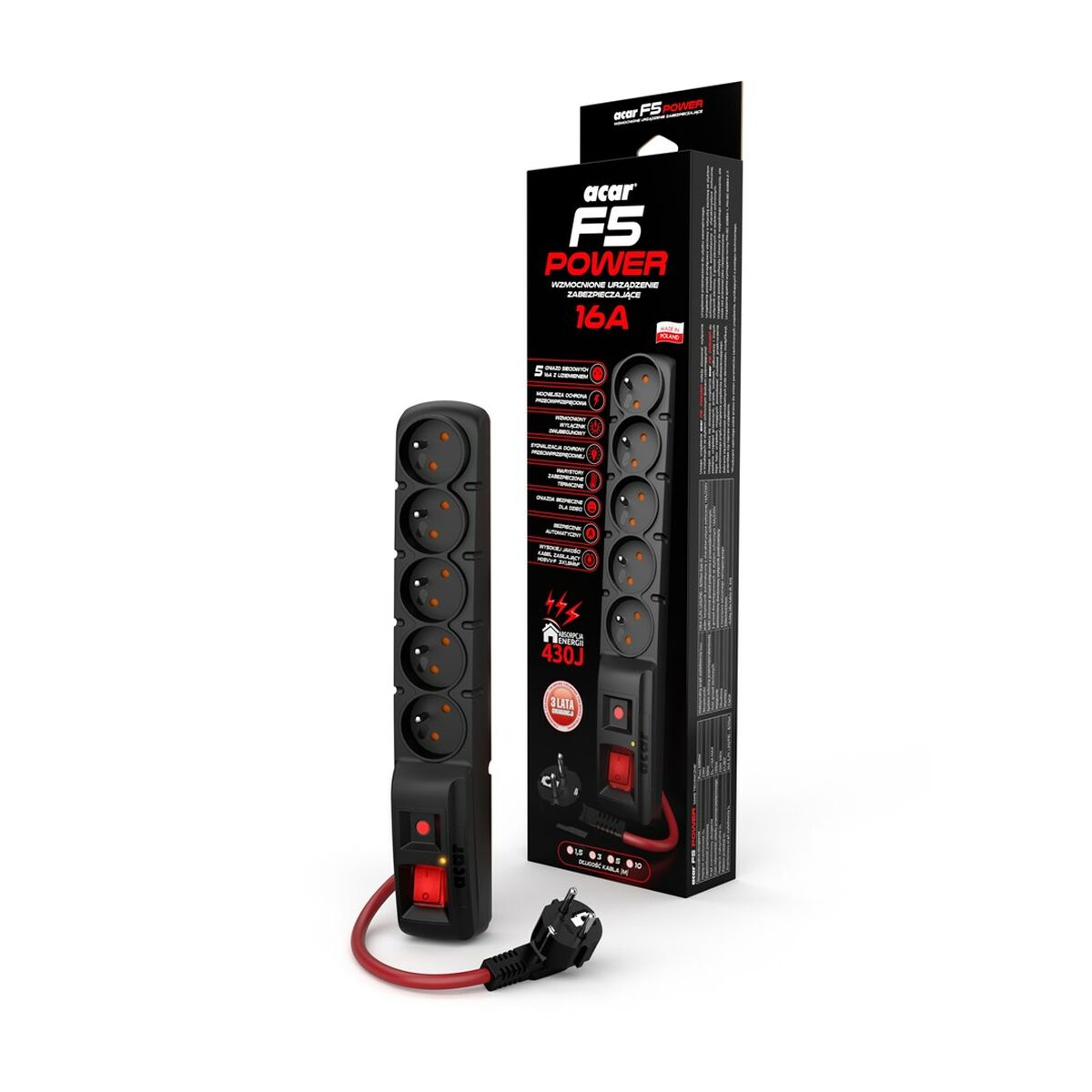 Regleta Enchufes 5 Tomas con Interruptor Acar W2389 (1,5 m)