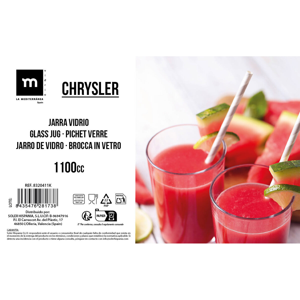 Jarra con Tapa y Dosificador La Mediterránea Chrysler Vidrio (6 Unidades)