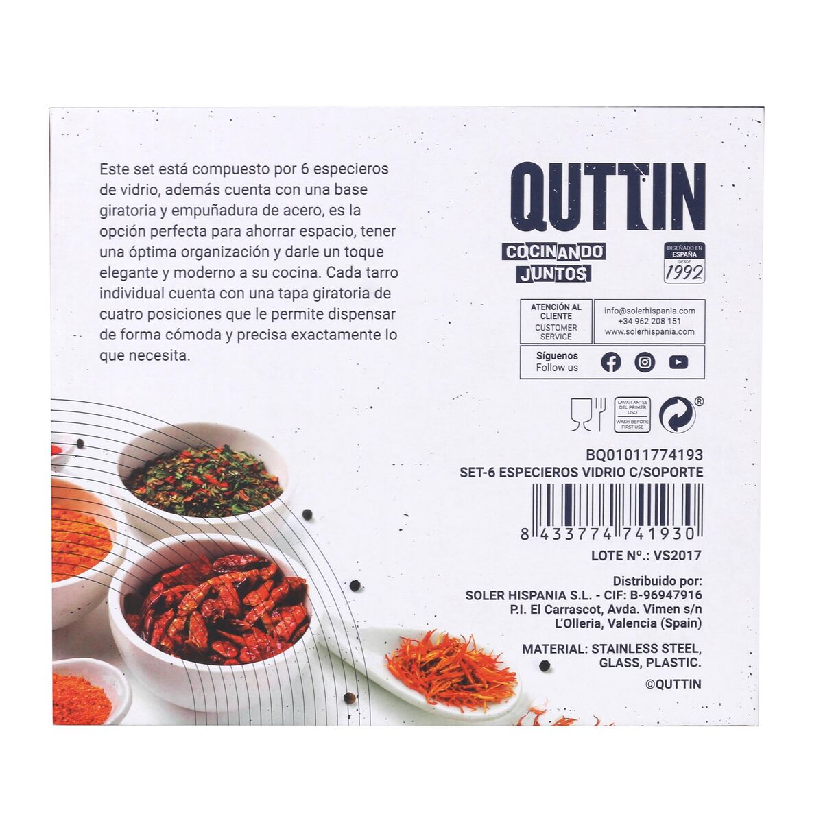 Especiero de Acero Inoxidable Quttin 17,8 X 17,8 X 16,3 CM (6 Piezas) (8 Unidades)