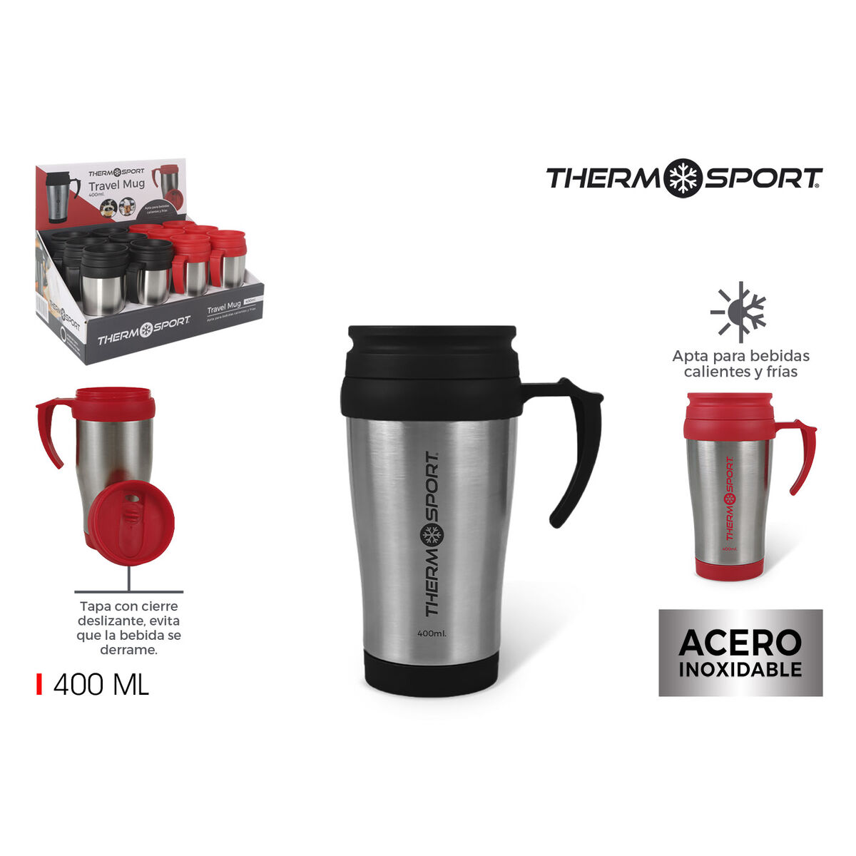 Taza Termo con Tapa ThermoSport Travel Rojo 400 ml (12 Unidades)