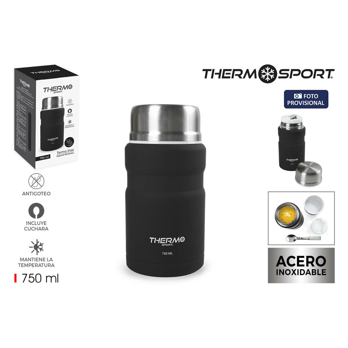 Termo para Alimentos ThermoSport Negro Acero 750 ml (6 Unidades)