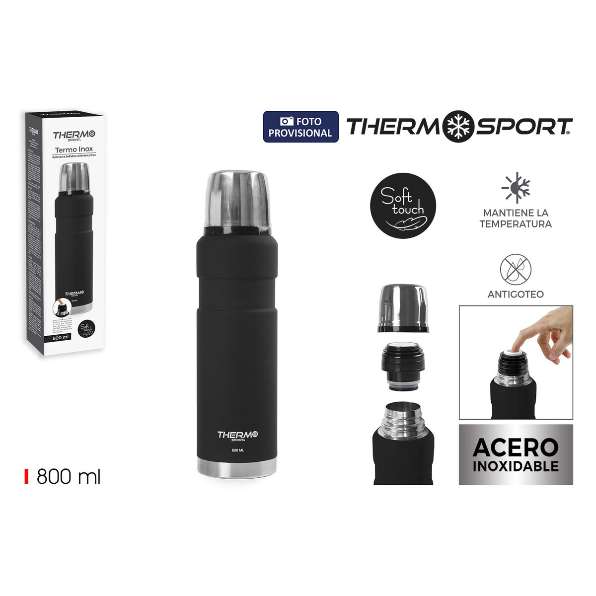 Termo ThermoSport Negro 0,8 L (6 Unidades)