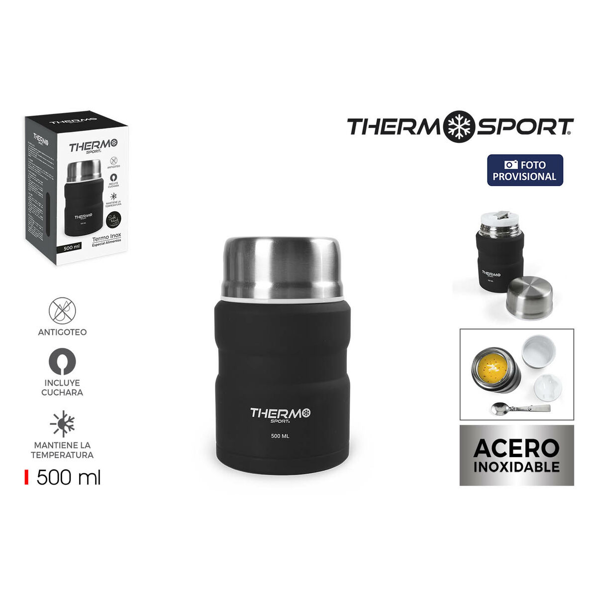 Termo para Alimentos ThermoSport Negro Acero 500 ml (6 Unidades)