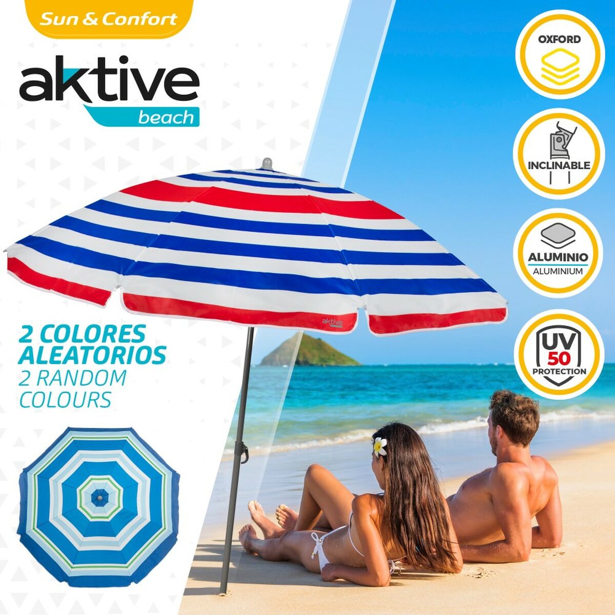 Sombrilla de playa Aktive Azul Rojo Multicolor Plateado Ø 160 cm 160 x 167 x 160 cm (12 Unidades)