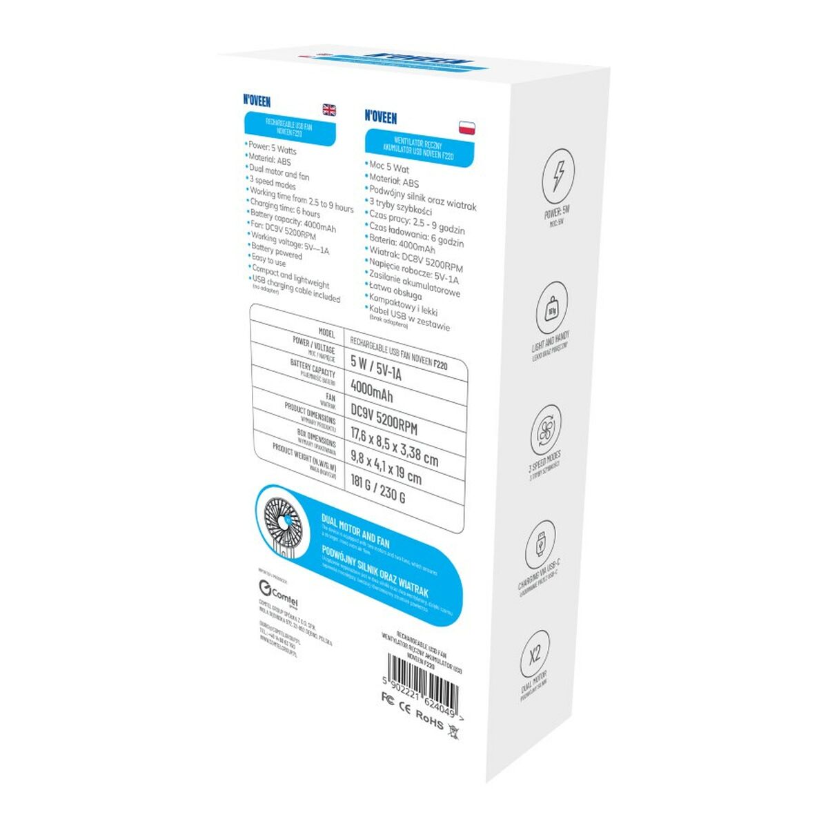 Ventilador USB N'oveen F220 Gris 5 W