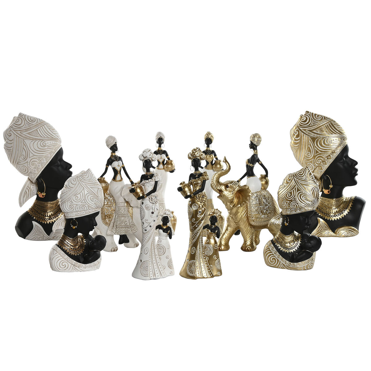Figura Decorativa Home ESPRIT Blanco Negro Dorado Africana 15 x 9 x 25 cm (2 Unidades)