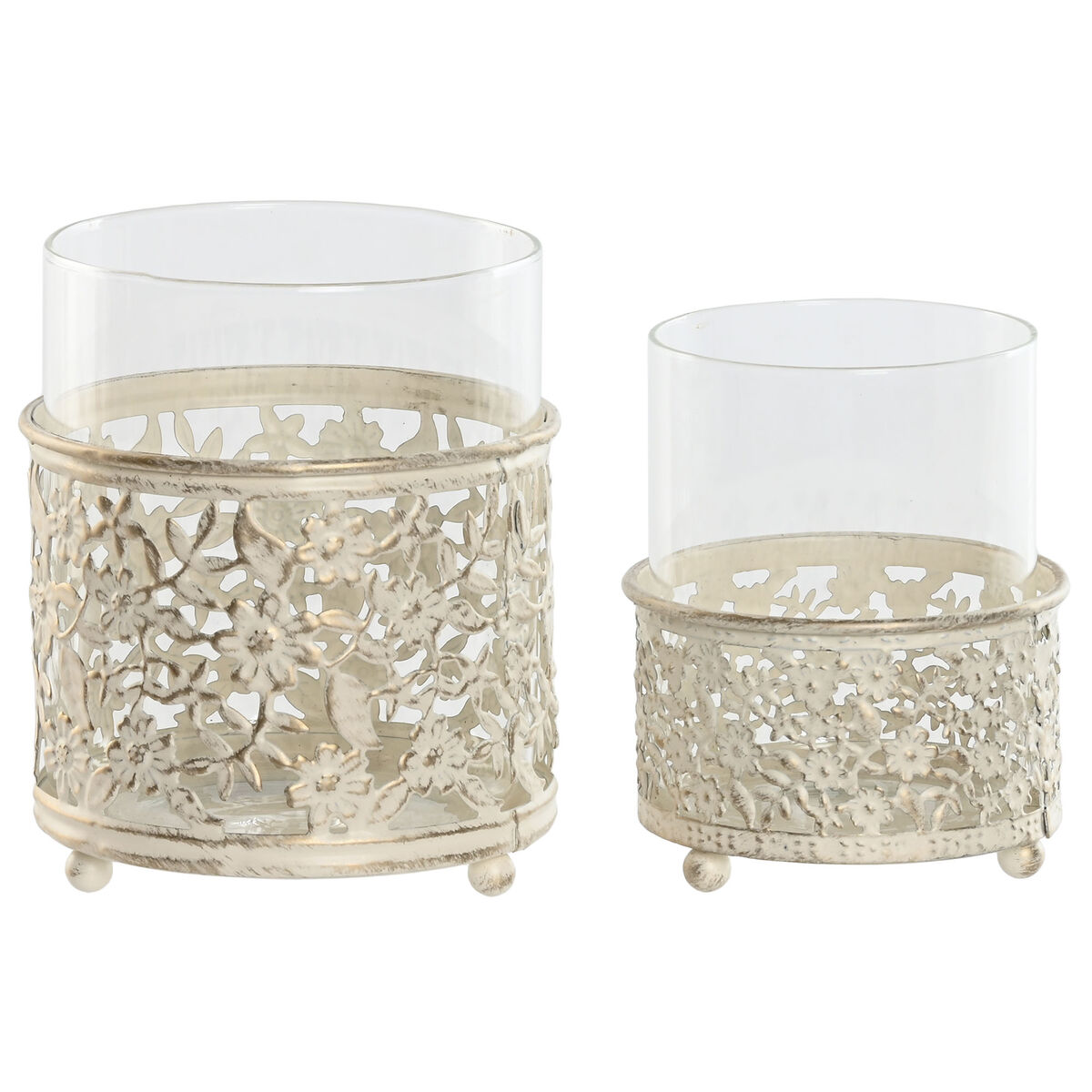 Portavelas Home ESPRIT Crema Metal Cristal 11 x 11 x 13 cm (2 Unidades)