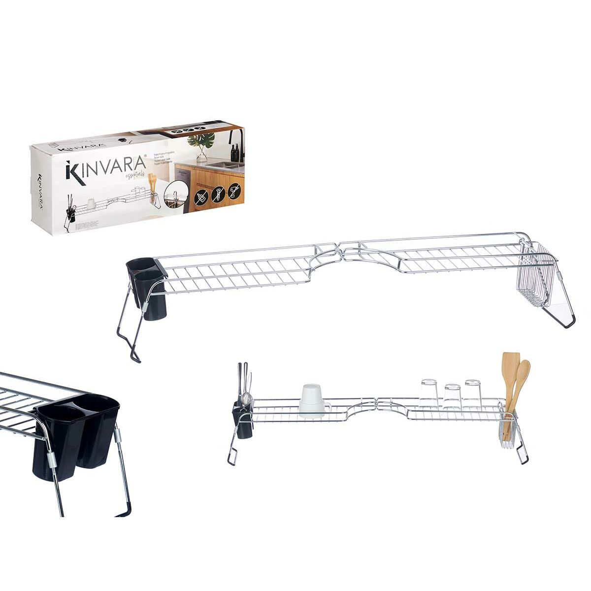 Escurreplatos Extensible para Fregadero Kinvara Negro Plateado Metal Polipropileno 44 x 11 x 16 cm (4 Unidades)