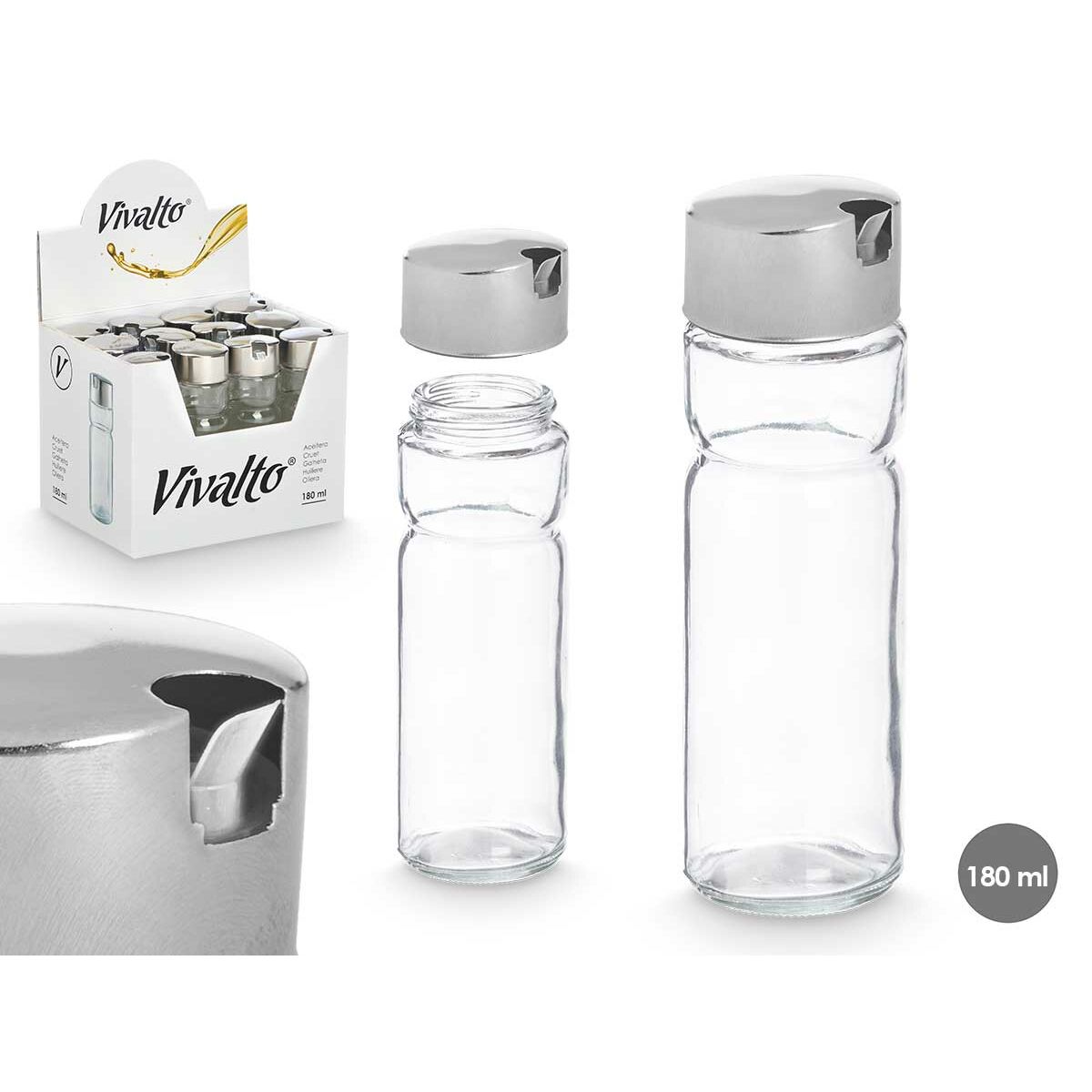 Aceitera Vivalto Transparente Plateado Metal Cristal Plástico 180 ml 4,6 x 15,7 x 4,6 cm (12 Unidades)