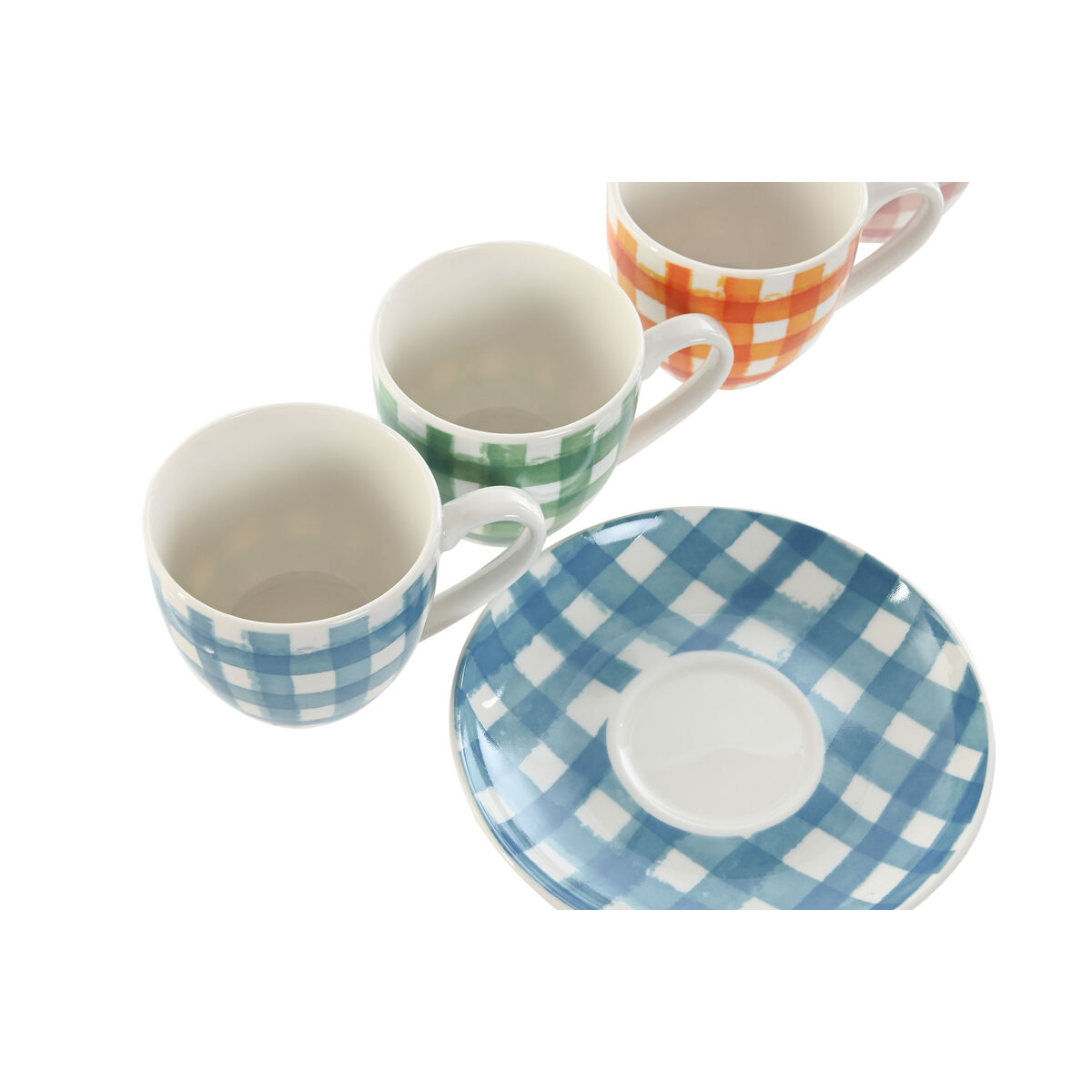 Juego de 6 Tazas con Plato Home ESPRIT Azul Blanco Verde Naranja Rosa Porcelana Rayas Mediterráneo 90 ml