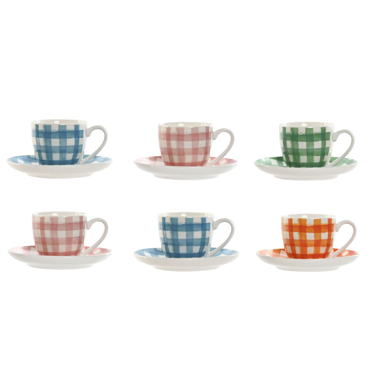 Juego de 6 Tazas con Plato Home ESPRIT Azul Blanco Verde Naranja Rosa Porcelana Rayas Mediterráneo 90 ml