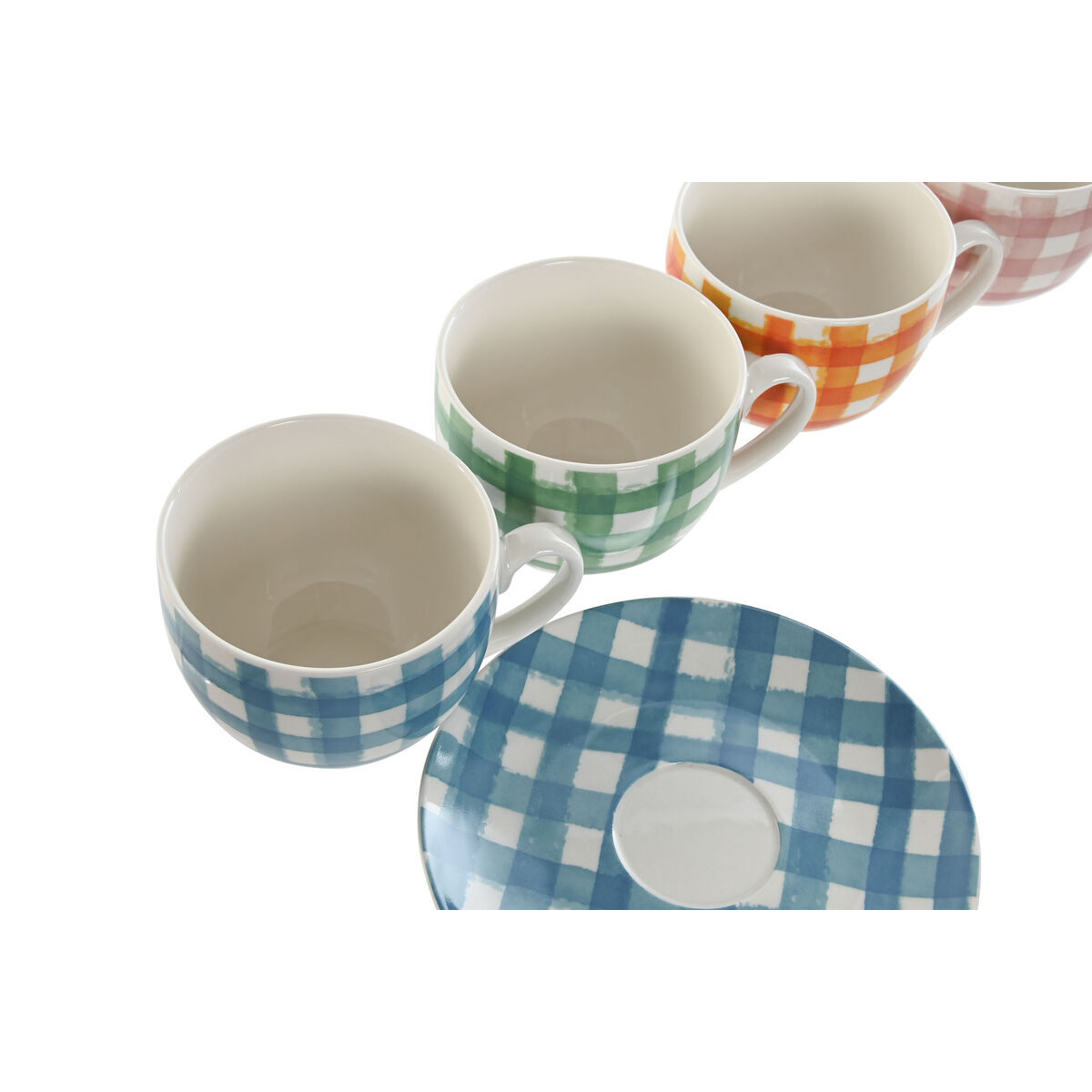 Juego de 6 Tazas con Plato Home ESPRIT Azul Verde Naranja Rosa Porcelana Rayas Mediterráneo 240 ml