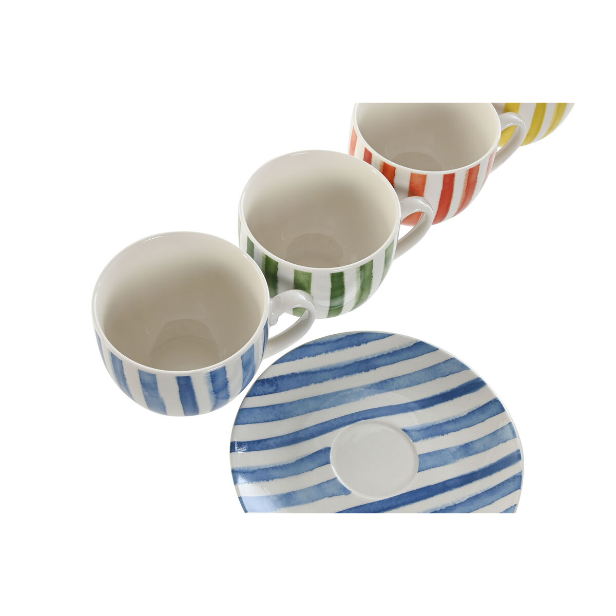 Juego de 6 Tazas con Plato Home ESPRIT Amarillo Azul Verde Coral Porcelana Rayas Mediterráneo 240 ml